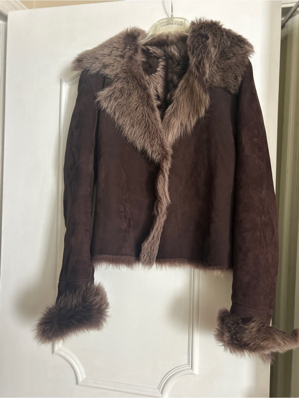 Alia Chocolate Brown Suede-Like Teddy Jacket with Fur Trim